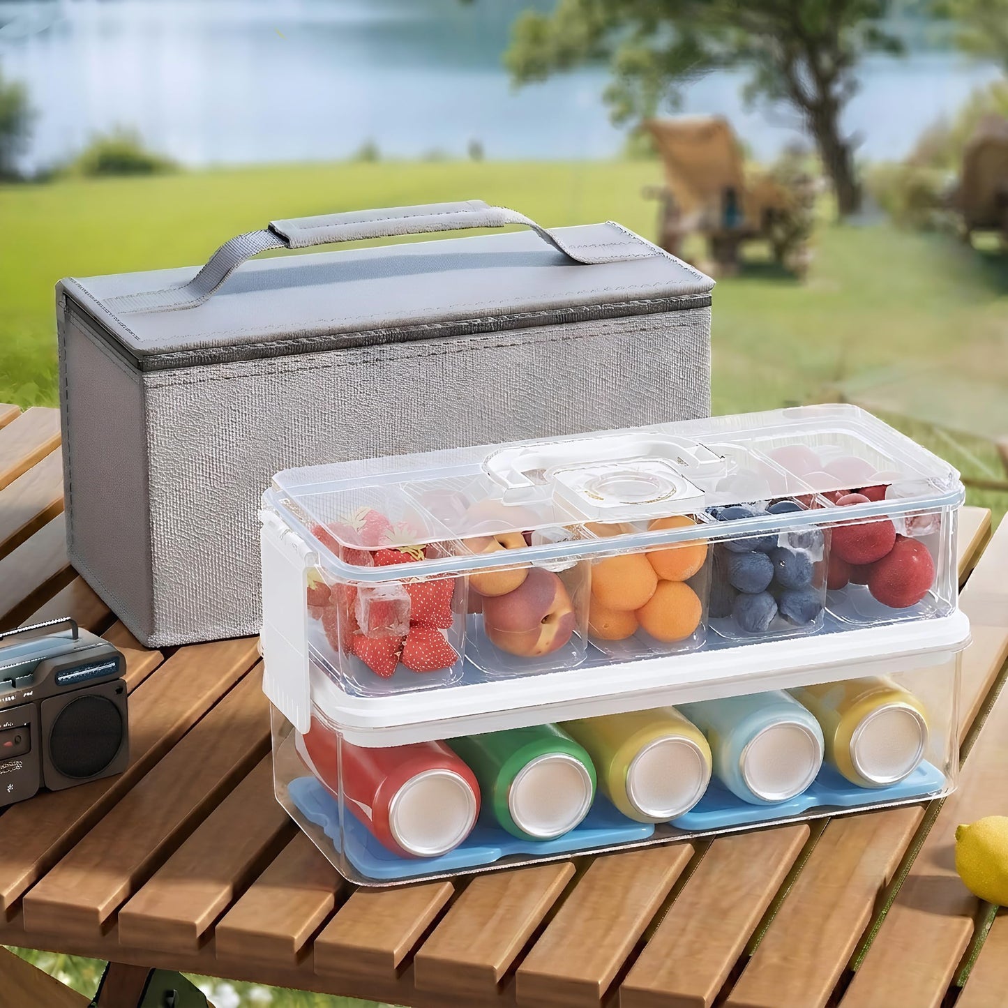 Double-Layer Chilled Portable Snackle Box with 5 Removable Compartments, 4 Ice Packs & Insulated Bag, Keeps Food Chilled or Warm, Extra Layer for Drinks, Fruits & Candy, Dishwasher-Safe for Road Trips