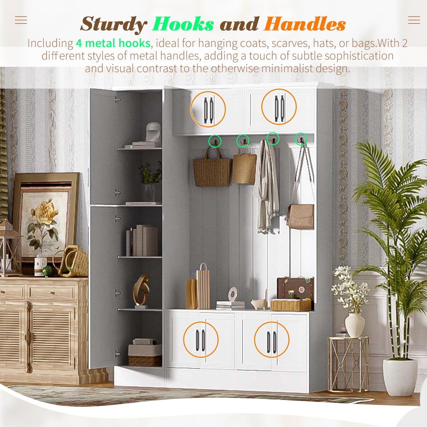Merax Farmhouse Wood Hall Tree with Shoe Bench & 6 Cabinets, 4-in-1 Coat Rack with 4 Hooks & Adjustable Shelves, Entryway Storage Organizer Cabinet for Entrance, Hallway, Mudroom White