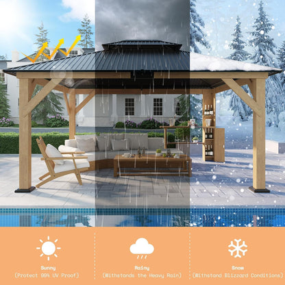 AMERLIFE 13x15 Spruce Wood Hardtop Carport, Outdoor Gazebo with Double Metal Roof & Storage Bar, Paviloin with Wood Frame for Patio, Parties, Garage, Lawns