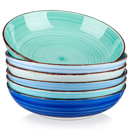 vancasso Bonita 38 oz Ceramic Pasta Bowls Set of 6, Microwave & Dishwasher Safe, 8.5 Inch Elegant Shallow Bowls Set for Pasta, Salad, & Soup – Large Capacity Pasta Plates Sets, Blue