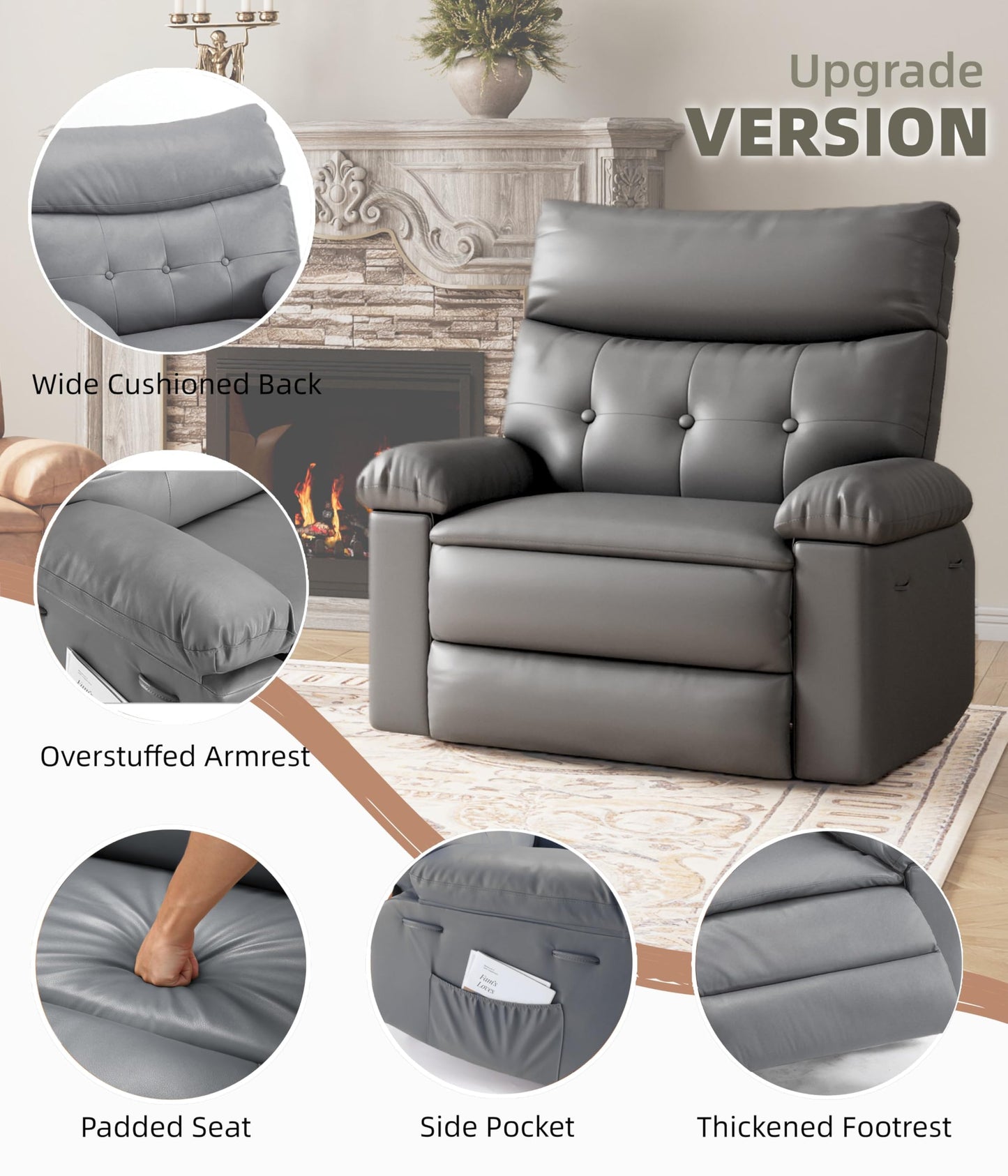 GarveeHome Recliner Chair - PU Leather Manual Recliner for Adults, Lazy Chair with 1.5X Sponge Comfort Arm and Back for Living Room, Bedroom
