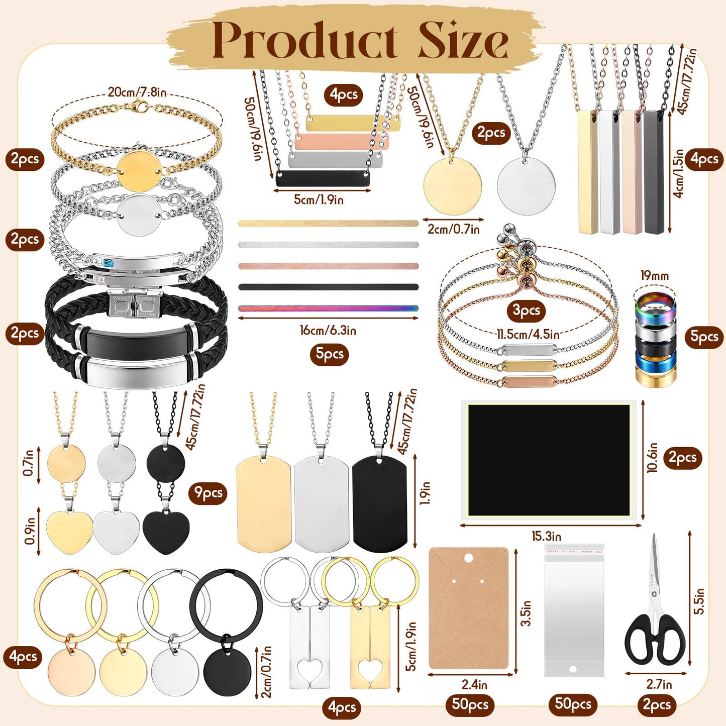 Quelay 99 Pcs Laser Engraving Materials Bulk Include 46 Jewelry Making Engraving Accessories Kit Necklace Bracelet Ring Keychain with Laser Marking Paper for Laser Engraver DIY Crafting Supplies