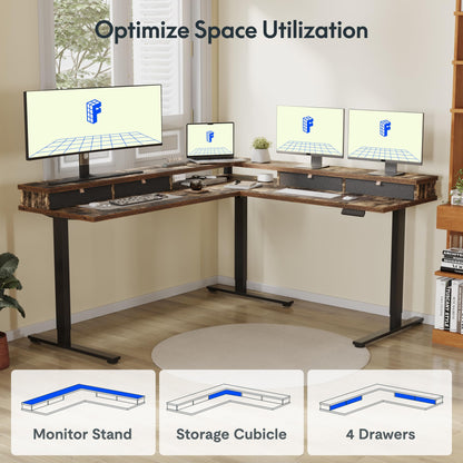 FLEXISPOT 63" L Shaped Standing Desk Electric Corner Table with Shelf, 4 Storage Drawers, Adjustable Computer Workstation for Home, Office, Game, Studio, Rustic Brown Top + Black Frame