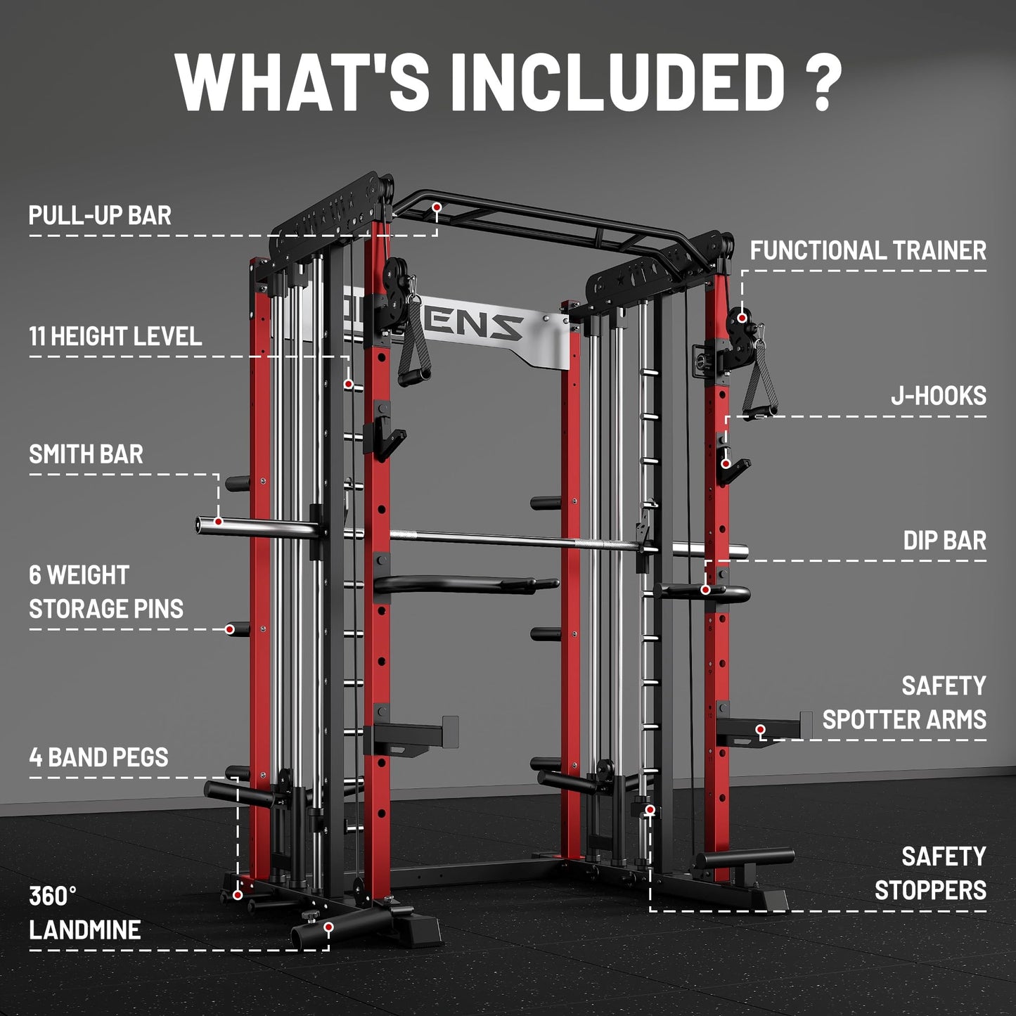 JELENS Smith Machine for Home Gym, Multi-Function M12 Power Cage, Squat Rack with Smith Bar and More Attachment (Red, M12 Smith Machine)