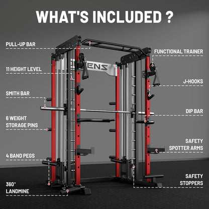 JELENS Smith Machine for Home Gym, Multi-Function M12 Power Cage, Squat Rack with Smith Bar and More Attachment (Red, M12 Smith Machine)