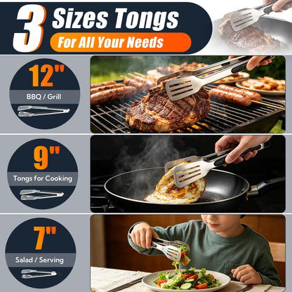 Metal Tongs for Cooking, Set of 3 Stainless Steel Spatula Tongs – 7, 9 & 12 Inch Heavy Duty Kitchen Tongs with Strong Grip, Pull Lock for Grilling, Flipping Steak, Fish & Ribs