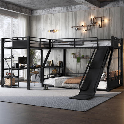 Metal Twin XL Over Queen Bunk Beds with Twin XL Loft Bed, Heavy Duty Triple Bunk Bed Frame with Slide and Desk,L-Shaped Triple Bunk Beds with Storage Shelves for 3 Kids,Black
