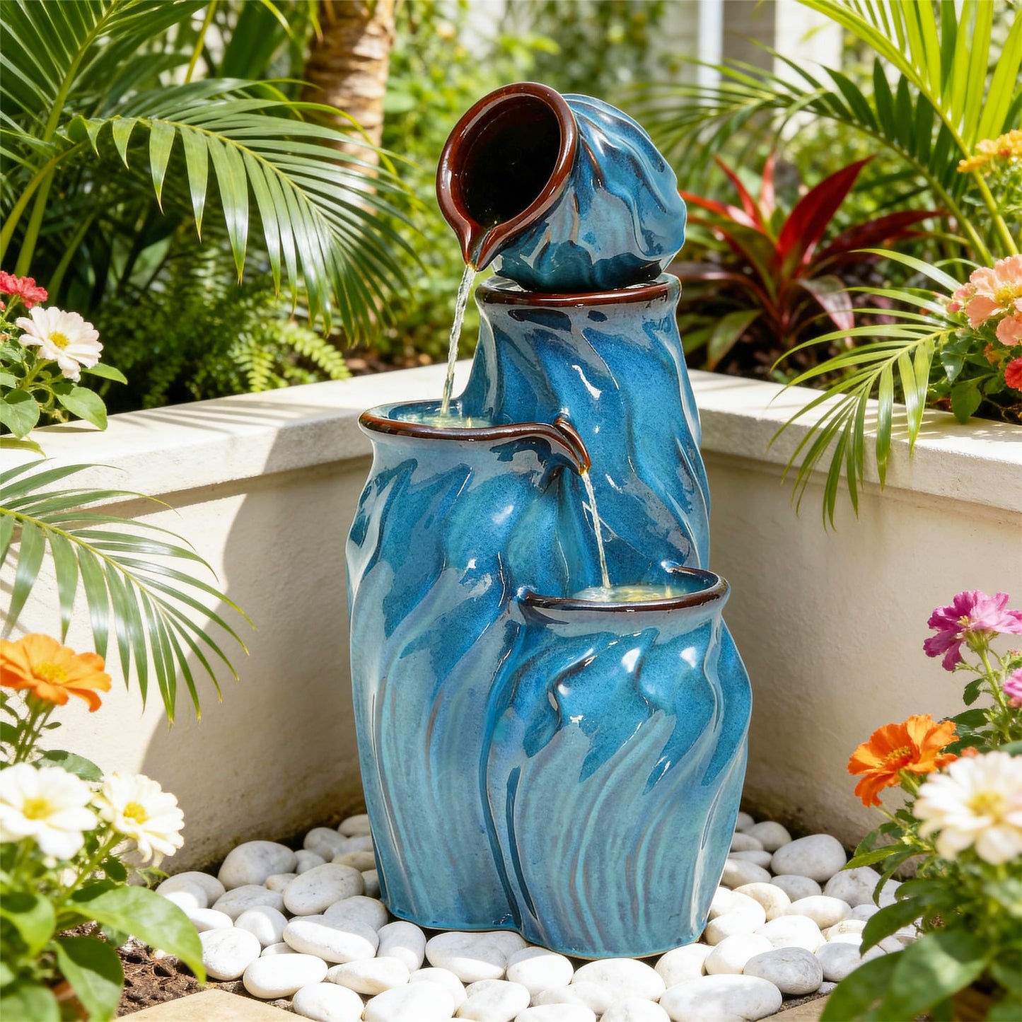 Ultym 29" Outdoor Water Fountain, Ceramic Outdoor Fountain, Stacked 4-Tier Pots Waterfalls for Garden, Patio, Yard, or Porch Decor, Creating Relaxing Serene Oasis, Dynamic Wave-Texture, Turquoise