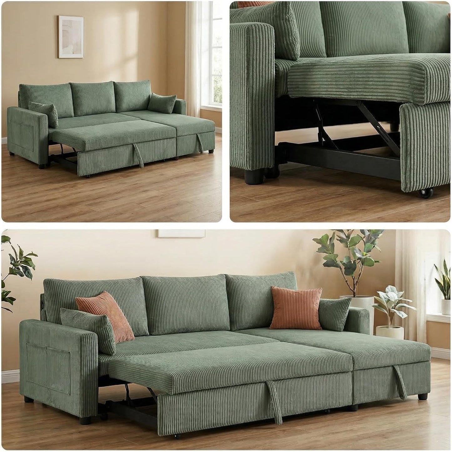 Trygoal Queen Sleeper Sofa, Convertible Sofa Bed with Storage, 85 Inch Sectional Couch with Pull Out Bed, L Shaped 3 Seat Sectional Sleeper Sofa for Living Room, Apartment, Green