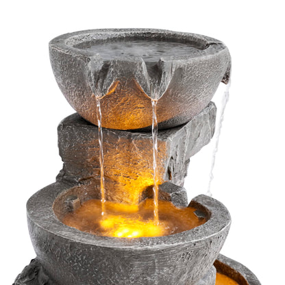 Teamson Home 33" Outdoor Water Fountain with LED Lights, 3-Tier Cascading Bowls, Weather-Resistant Resin Garden Water Feature for Patio, Lawn, and Backyard Decor – Stone Gray