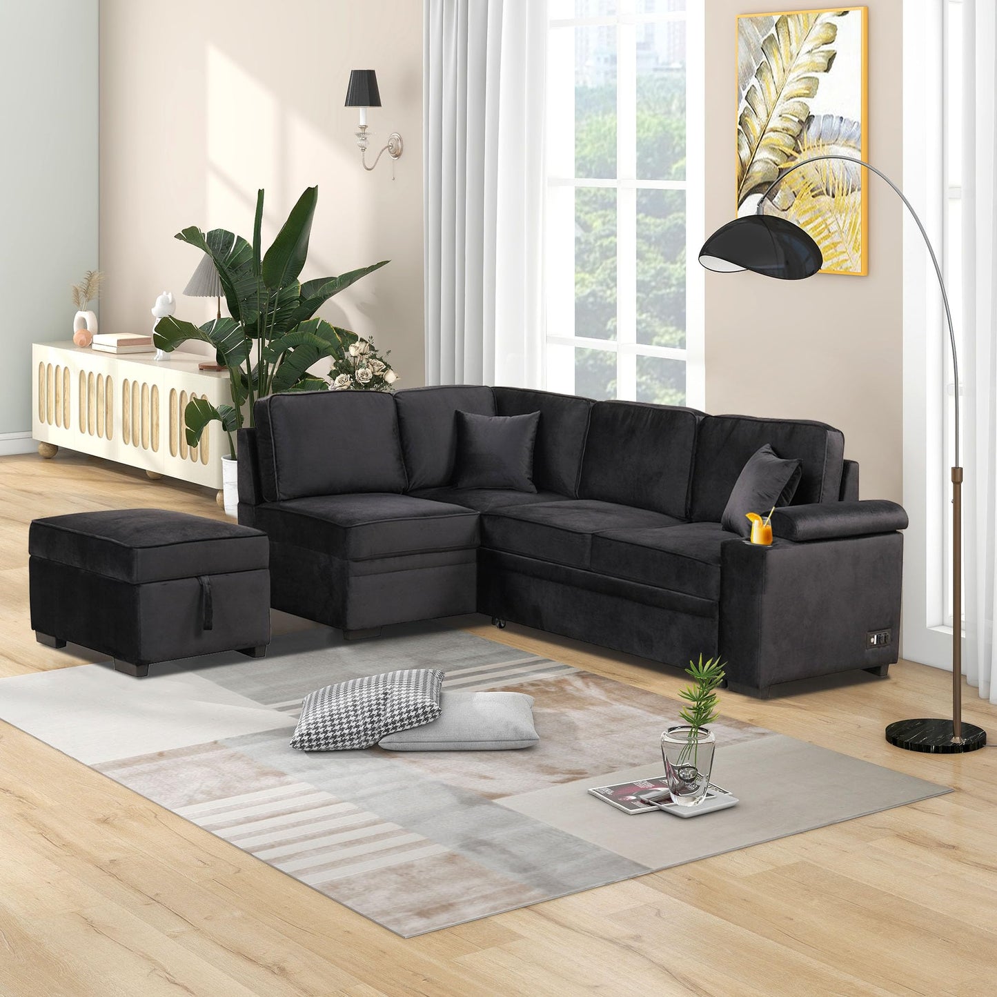 Ball & Cast 84" Convertible Sectional Sofa Bed,L-Shaped Sleeper Couch w/Storage Ottoman,Cup Holder and Charging Stations,Put Out Sofas w/Chaise,for Living Room and Small Apartment,Black