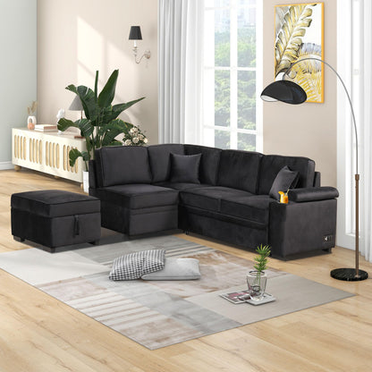 Ball & Cast 84" Convertible Sectional Sofa Bed,L-Shaped Sleeper Couch w/Storage Ottoman,Cup Holder and Charging Stations,Put Out Sofas w/Chaise,for Living Room and Small Apartment,Black