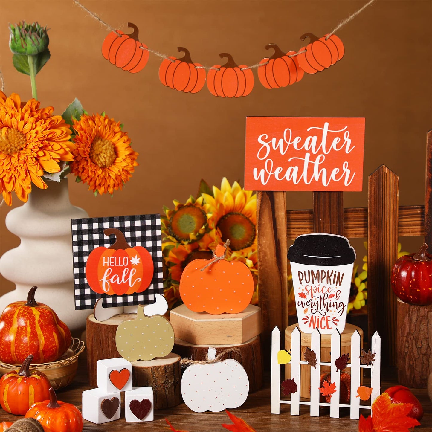 Sumind 15 Pcs Thanksgiving Tiered Tray Decor Set Fall Decorations for Home Autumn Wood Signs Thanksgiving Orange Brown Table Signs Farmhouse Wooden Maple Pumpkin Gnomes Tabletop for Festival(Pumpkin)