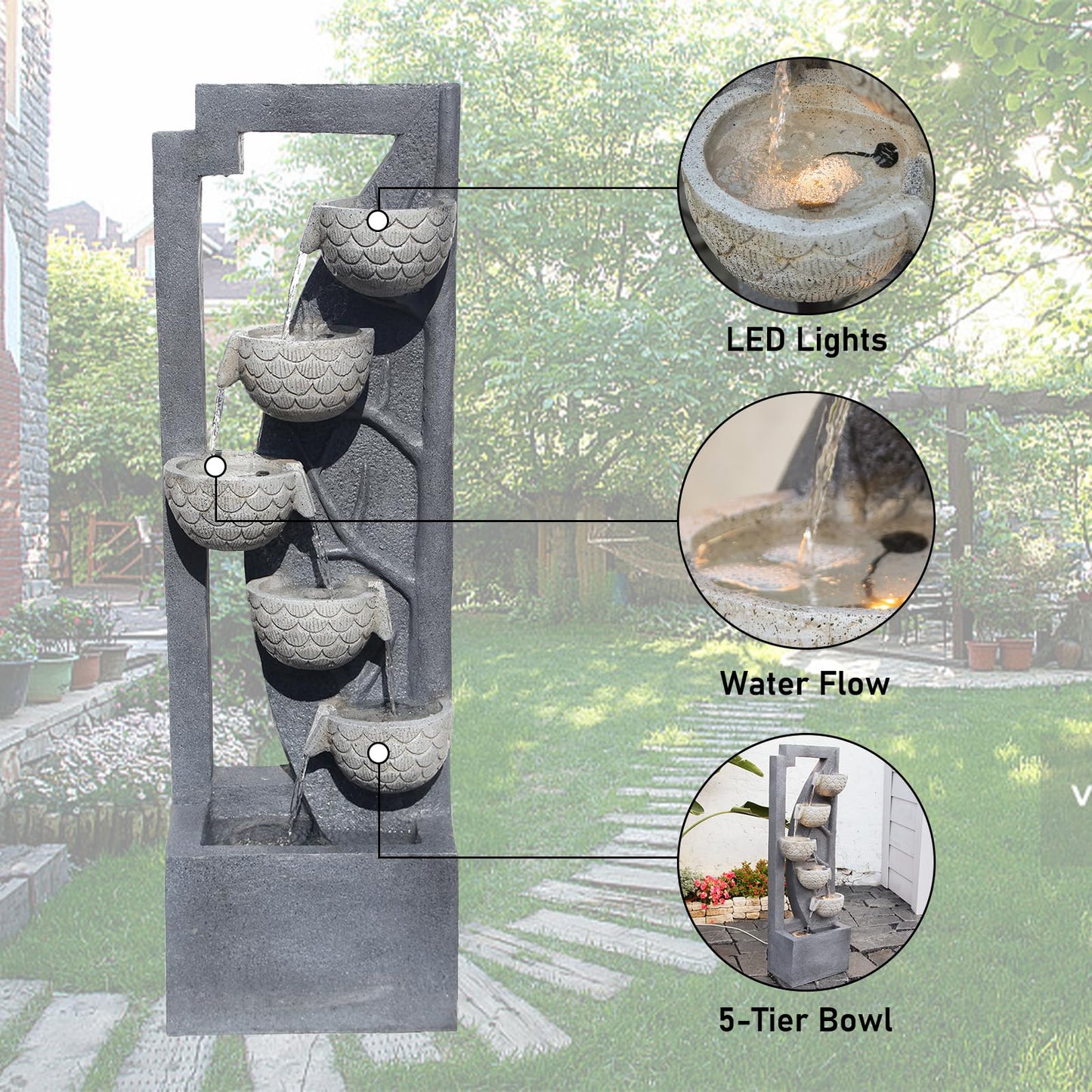 49.61’’H Waterfall Garden Fountain Outdoor 6-Tiered Modern Floor Standing Water Fall Fountains Indoor Cascading Bowl Water Feature with LED Lights Natural Stones for Living Room Office Home Decor