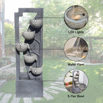 49.61’’H Waterfall Garden Fountain Outdoor 6-Tiered Modern Floor Standing Water Fall Fountains Indoor Cascading Bowl Water Feature with LED Lights Natural Stones for Living Room Office Home Decor