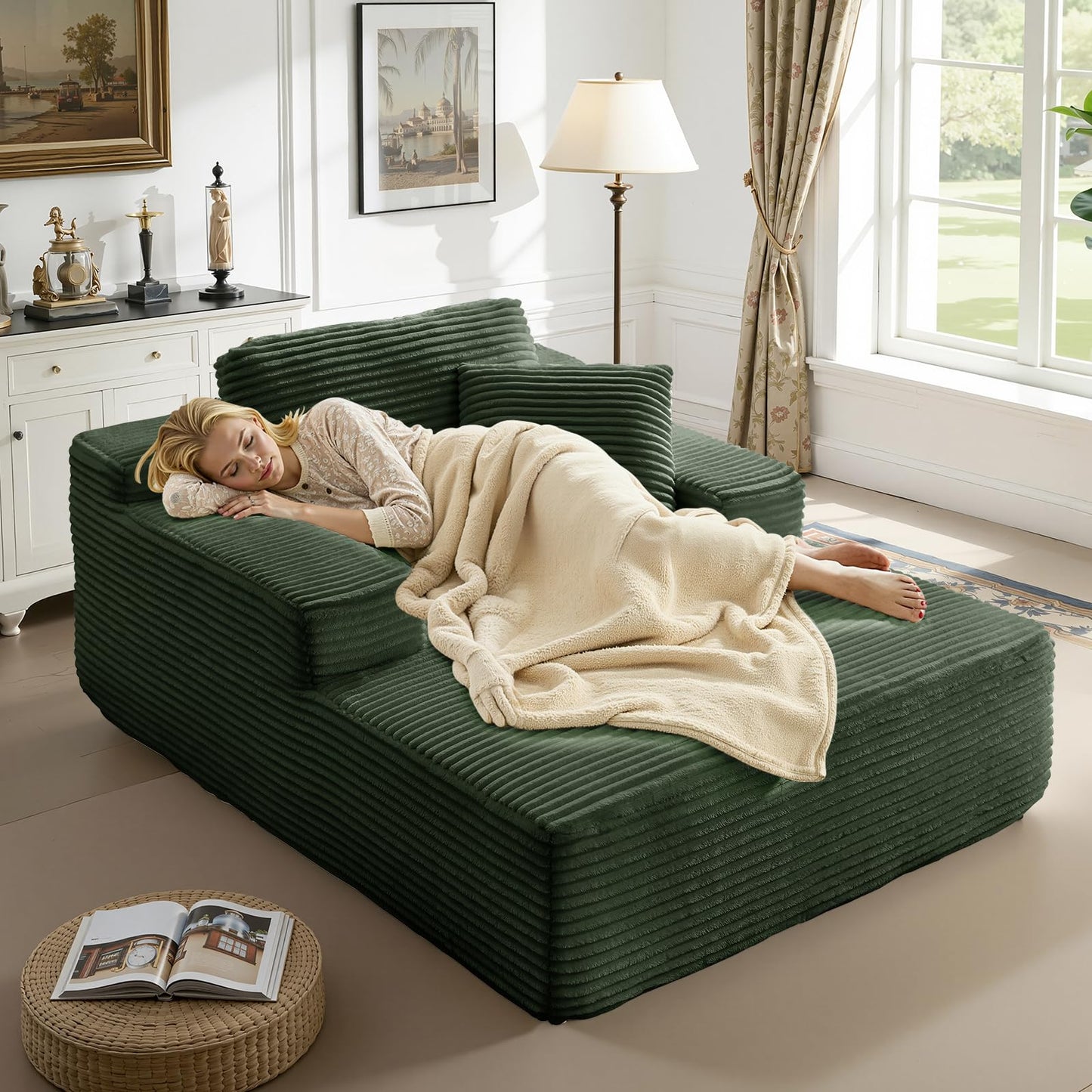 Meqiodas 67.5 Inch Oversized Indoor Chaise Lounge, Sofa Bed, Living Room Sofa, Corduroy Sofa, Couches for Living Room, Deep Seat Sleeper Couch Reading Chairs (Green)