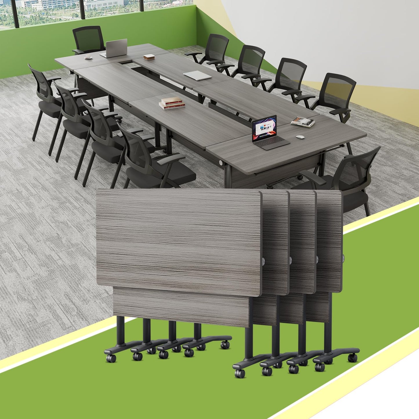 ZanyCajole 2PCS Folding Training Table with Wheels,Modular Conference Tables, 71IN Conference Room Table,Flip Top Mobile Meeting Tables for Office Seminar School Classroom,2-30 Person