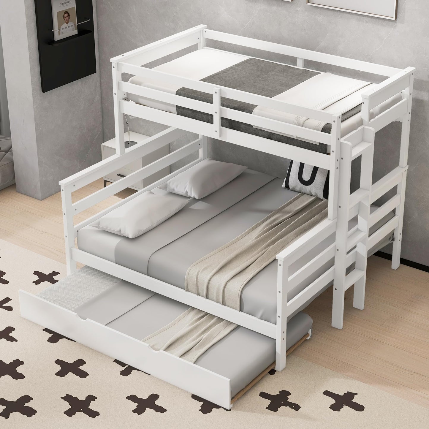Merax Twin XL Over Queen Bunk Bed Wood Detachable Bunk Bed with Trundle & Ladder, Multifunction Bunk Bed with Full Length Gardrails, No Box Spring Needed,Space Saving,White