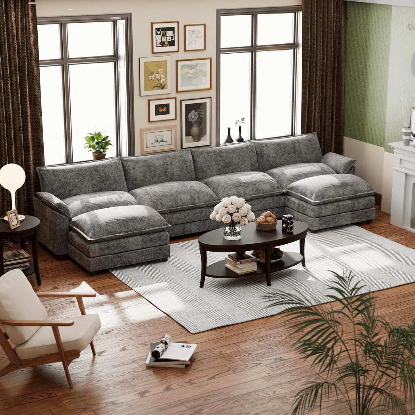 Shahoo Sectional Modular Sofa U Shaped Chenille Fabric Couch with High Supportive & Soft Sponges and Removable Ottoman, Sleeper Comfy Upholstered Furniture for Living Room, Dark Grey