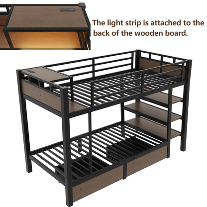 Bellemave Twin Size Bunk Bed with Storage Drawers and 3-Tier Shelves, Twin Bunk Bed with Charging Station and Lights, Heavy Duty Metal Bunk Beds for Teen, Adults