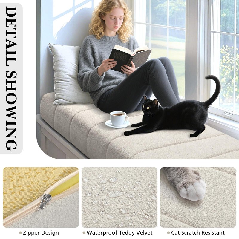 Wenqik Bench Cushion 48x18x4 Inch for Indoor Outdoor Furniture Tufted Thicken Bay Window Seat Cushion Non Slip Waterproof Dining Piano Bench Pad Pillow Anti Cat Scratch for Patio Porch Swing, Beige