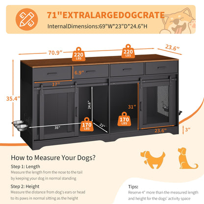 Garvee Double Dog Crate Furniture, 71'' Large Dog Crate Furniture for 2 Dogs with 4 Sliding Doors and 4 Drawers, Dog Kennel Furniture for Large Dogs Indoor with Feeding Bowls, Black