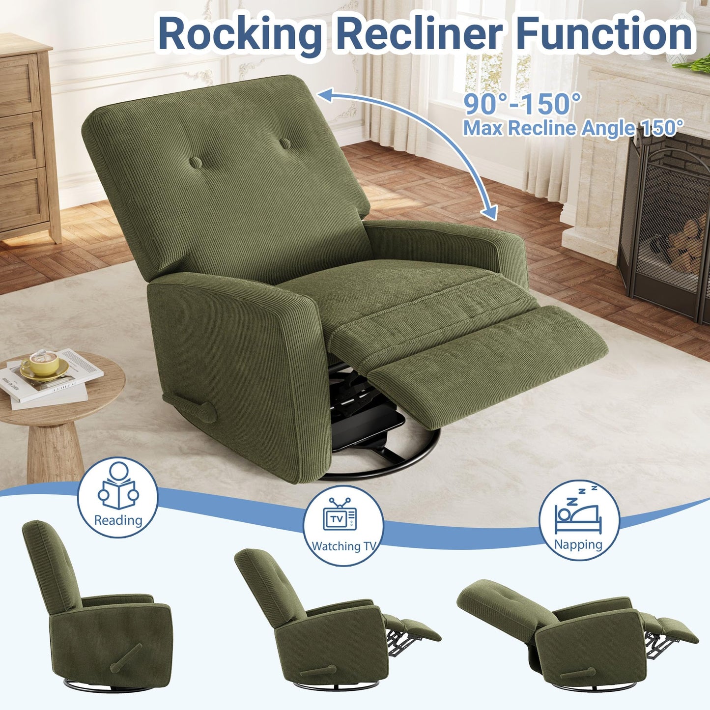 Garvee Nursery Recliner Chair, 360° Swivel Rocking Glider Chair for Adults with Adjustable Backrest & Footrest, Cozy Corduroy Upholstered Armchair for Living Rooms, Bedrooms, Apartments, Green