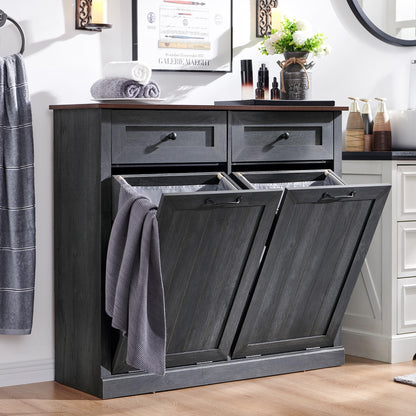 IFGET Double Tilt Out Trash Cabinet, 20 Gallon Farmhouse Laundry Hamper Cabinet with 2 Drawers, Hidden Wooden Trash Can Cabinets with Storage Basket for Kitchen, Living Room (Dark Grey)