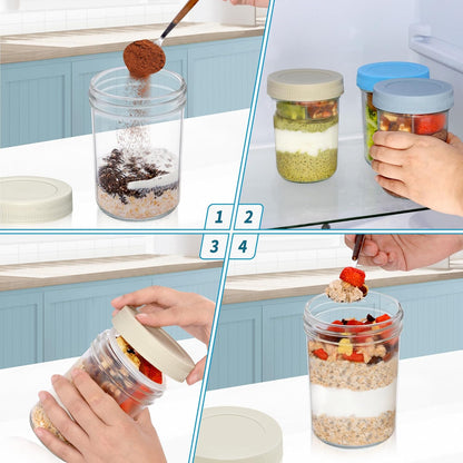 16 oz 4-Pack Xyptorix Overnight Oats Containers with Airtight Lids - Leak-Proof Wide Mouth Mason Jars & Divided Cups