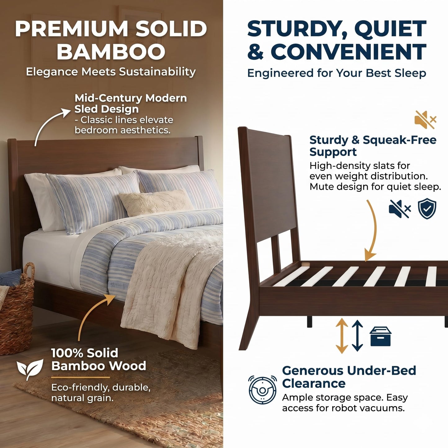 Christopher Knight Home Mid-Century Modern Solid Bamboo Wood Queen Size Sleigh Platform Bed Frame with Wood Slats and Metal Support,No Box Spring Needed,Easy Assembly, Chocolate