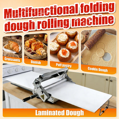 Folding Dough Sheeter (15.5")，Dough Sheeter，Manual Dough Sheeter，Commercial Dough Roller Sheeter，55 thickness options，Suitable for pizza, croissants, puff pastry, Stainless Steel（1 Rolling Boards）
