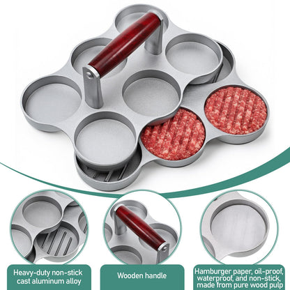 AOZUO Mini Burger Press Small Meat Patty Maker with 300 Patty Papers and 6 Round Shape Press Patty Maker for Mini Hamburger, Barbecue, Picnic, Camping, Six 2.64-inch Slots, 6 Pieces at Once