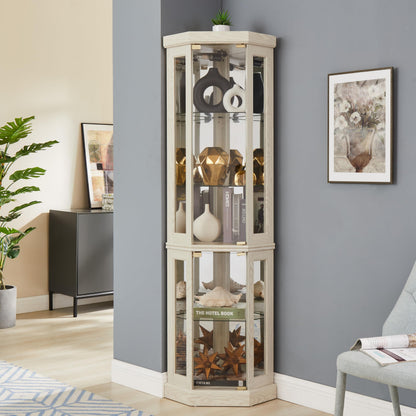 KEIKI 70" Corner Glass Display Cabinet with Adjustable Shelves, for Collectibles, Storage Curio Cabinet with Side-Hung Pane Doors, 5-Tier Showcase Display Case, Easy Assembly, for Living Room, White