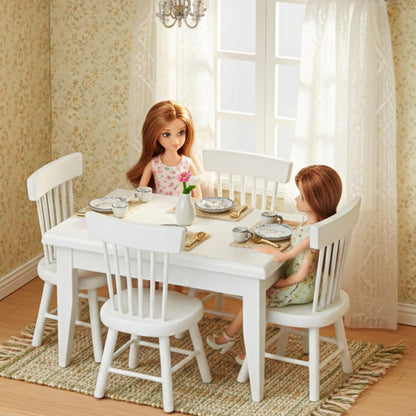 Miniature Dollhouse Dining Table and Chairs – Set 5pcs 1/12 Scale for Doll House, White Wooden Furniture Model, Mini Classic Decoration Accessories DIY Hobby Gift for Kitchen, Breakfast Room