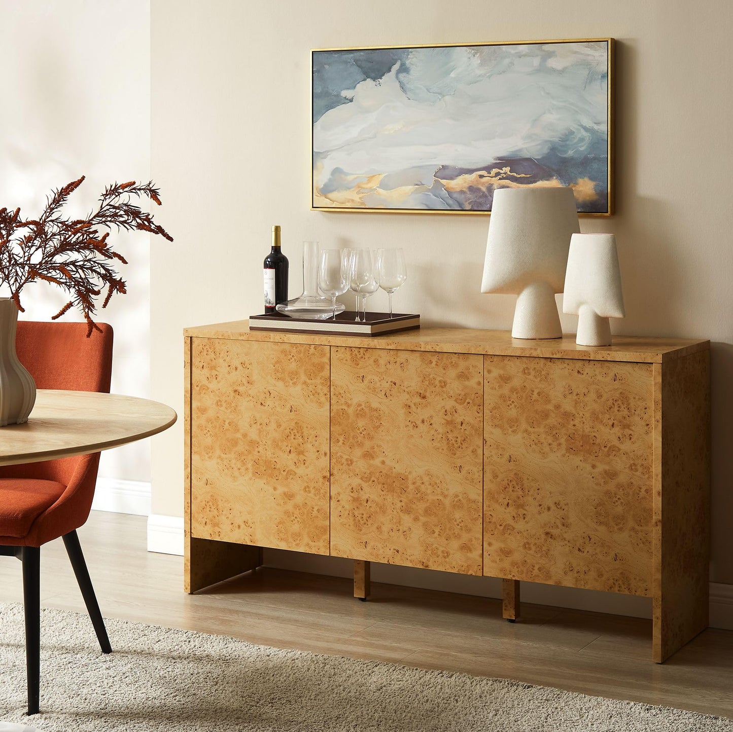 Modway Hudson Burl Wood Sideboard with 3 Doors in Natural - Modern Buffet Cabinet - Versatile High TV Stand Media Cabinet - 60 Inch Storage Sideboard for Living Room with Doors and Shelves