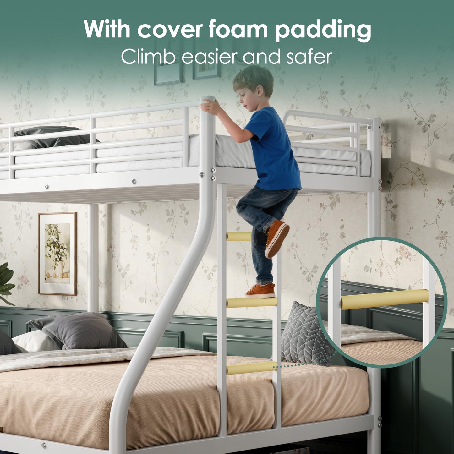 Cyranture Bunk Beds Twin XL Over Queen, Heavy Duty Bunk Beds with Bottom Space & Guardrail Metal Bunk Bed Frame for Adults Teens Dorm Bedroom Guest Room, No Box Spring Needed（White）