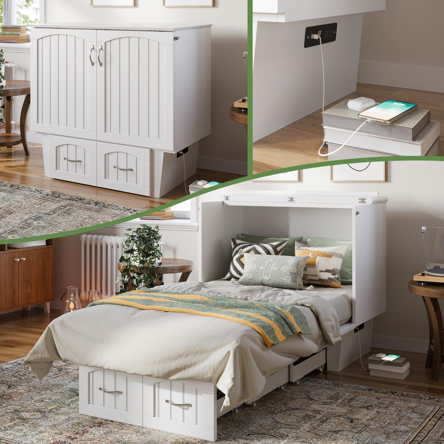 AFI, Sydney Twin Wood Murphy Bed Chest with 6" Mattress, Storage Drawer & Built-in USB Charger, White