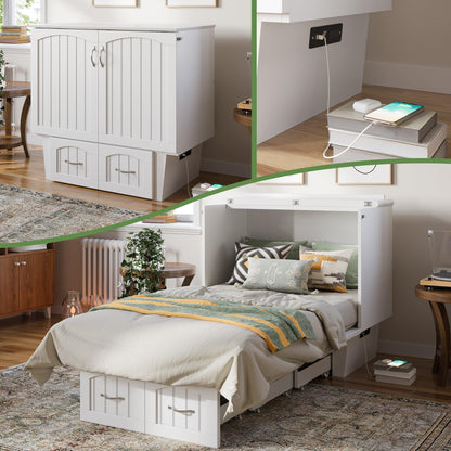 AFI, Sydney Twin Wood Murphy Bed Chest with 6" Mattress, Storage Drawer & Built-in USB Charger, White