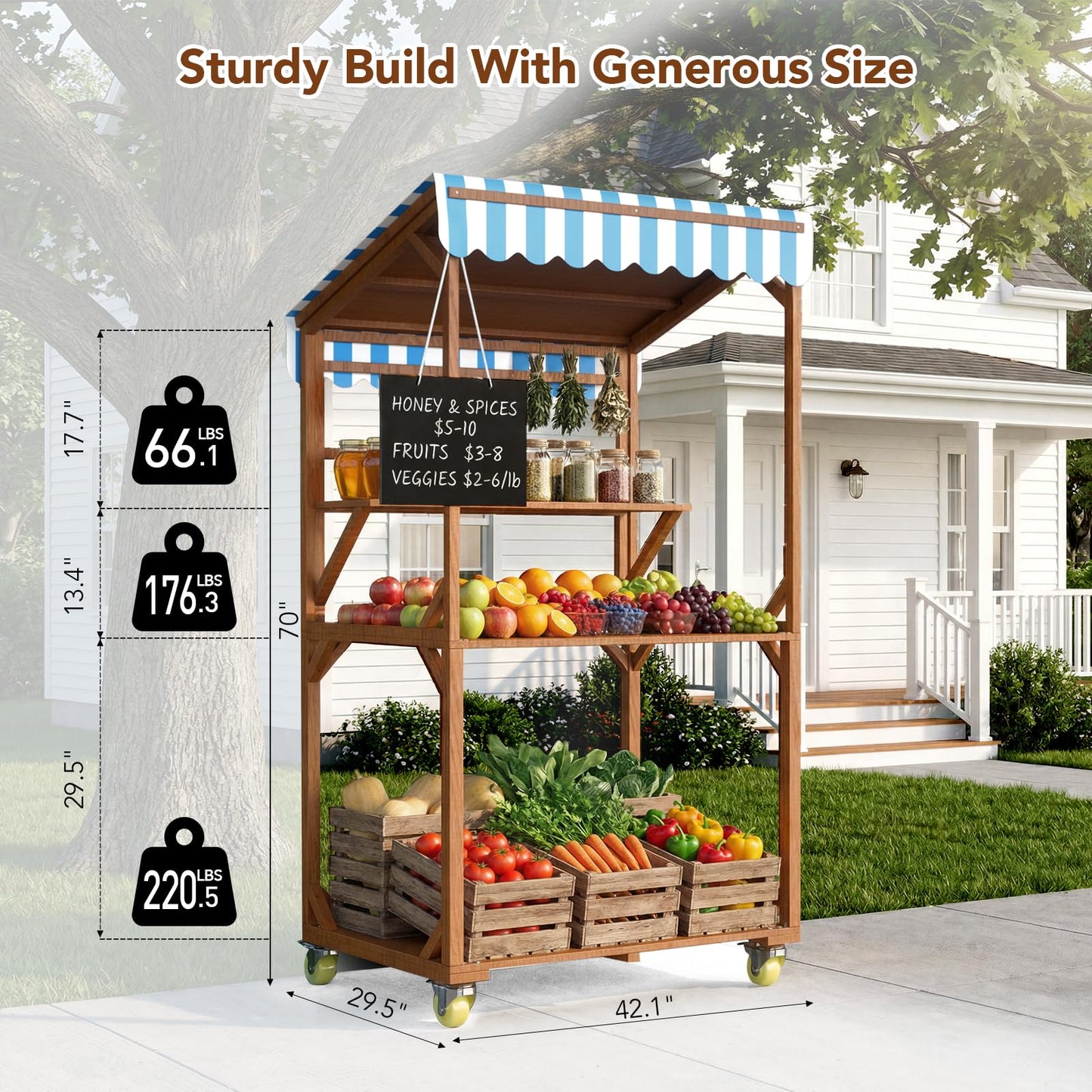 SUNRISELAND Wooden Farm Stand Cart, Solid Wood Farmers Market Stand with Wood Roof, Heavy Duty Display Table with Lockable Wheels, for Events & Small Business, Light Brown