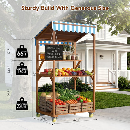 SUNRISELAND Wooden Farm Stand Cart, Solid Wood Farmers Market Stand with Wood Roof, Heavy Duty Display Table with Lockable Wheels, for Events & Small Business, Light Brown