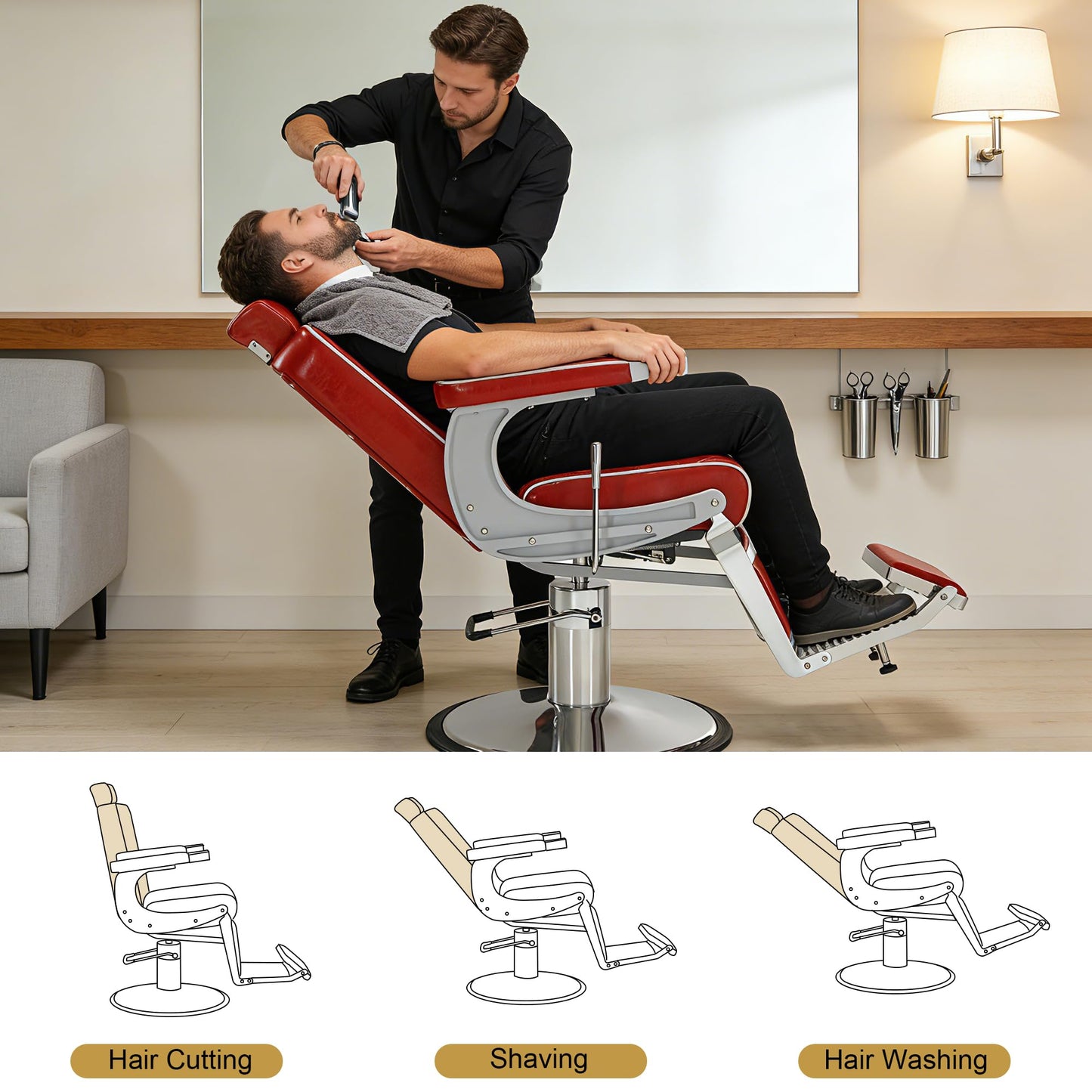 BarberPub Heavy Duty Metal Vintage Barber Chair All Purpose Hydraulic Recline Salon Beauty Spa Shampoo Equipment 3825 (Red with White Stitches)