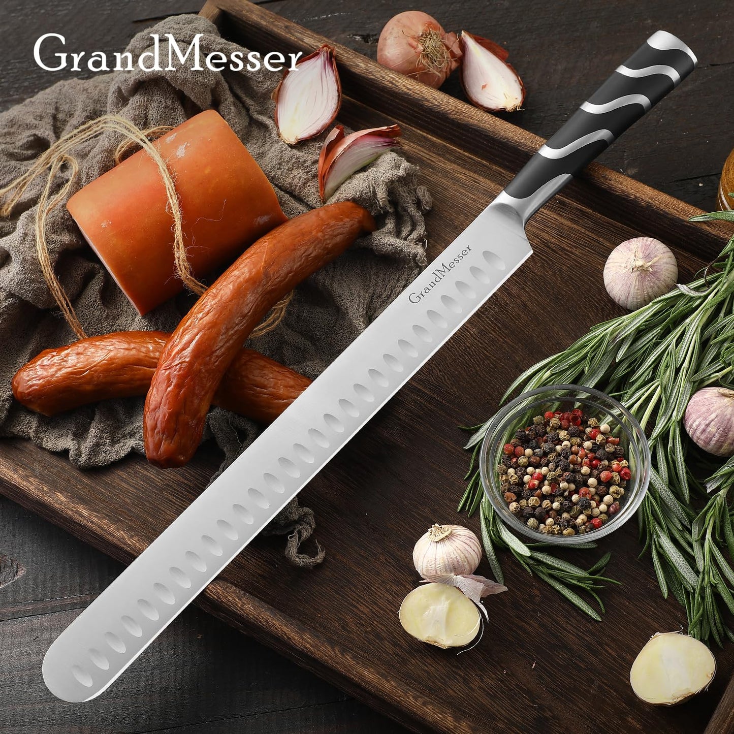 GrandMesser Carving Knife, 12 Inch Slicing Knife for Meat, Premium German Steel with ABS Handle, for BBQ Brisket Turkey Ham Rib Roast Beef with Sharpener.