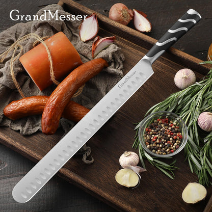 GrandMesser Carving Knife, 12 Inch Slicing Knife for Meat, Premium German Steel with ABS Handle, for BBQ Brisket Turkey Ham Rib Roast Beef with Sharpener.