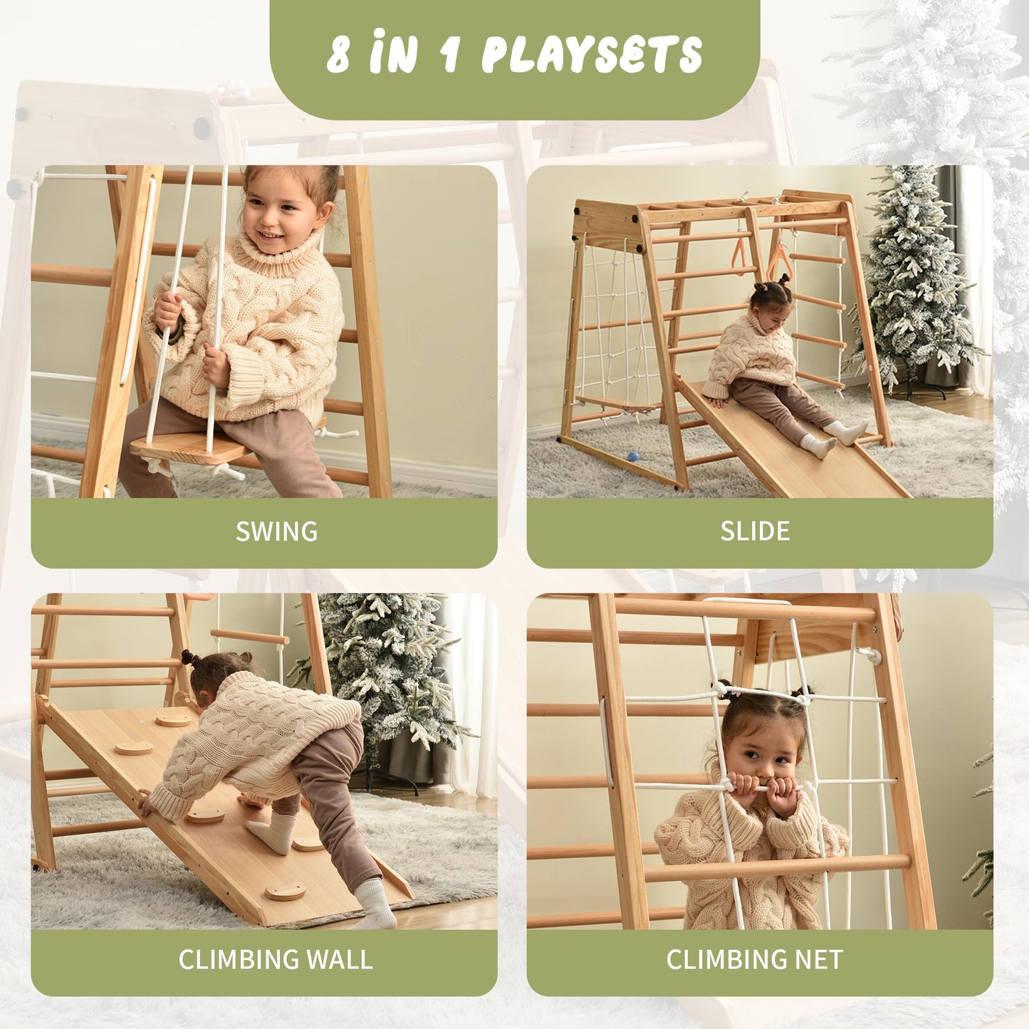 Indoor Playground 8-in-1 Jungle Gym Toddler Climbing Toys with Slides and Play Table Wooden Rock Climbing Ladder with Rope Wall Swing Rings Kids Slides Playset Natural Wood As Shown One Size