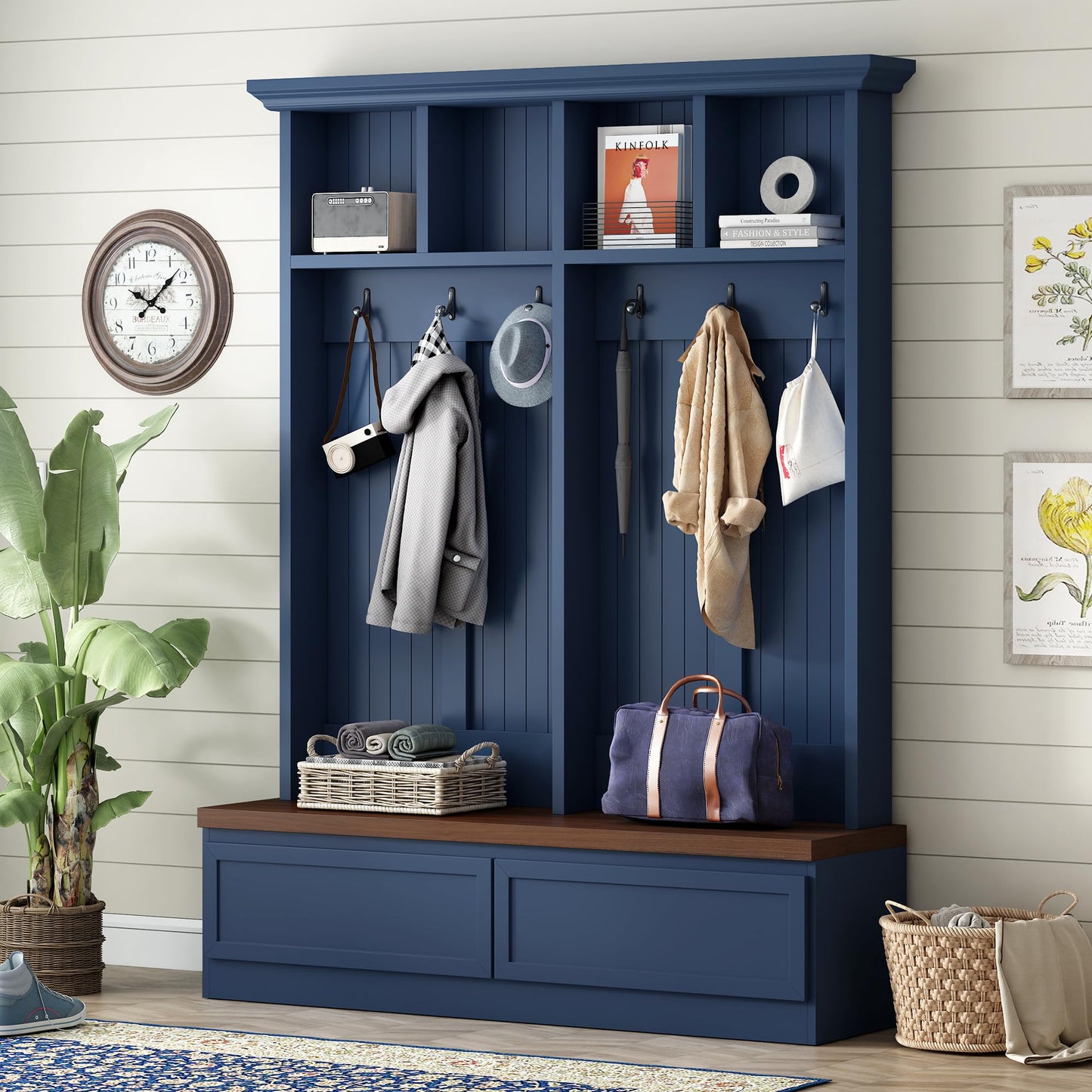 Merax Wood Hall Tree with 6 Hooks & Entryway Bench, Farmhouse Mudroom Versatile Coat Racks with 2 Large Drawers, Entrance Organizer for Hallway, Blue