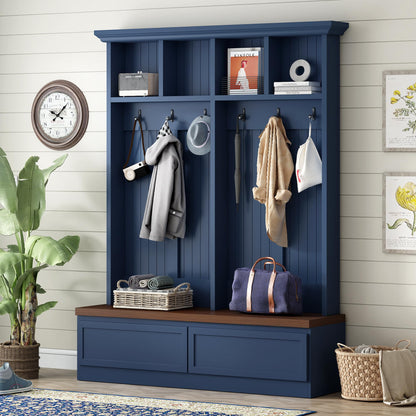 Merax Wood Hall Tree with 6 Hooks & Entryway Bench, Farmhouse Mudroom Versatile Coat Racks with 2 Large Drawers, Entrance Organizer for Hallway, Blue