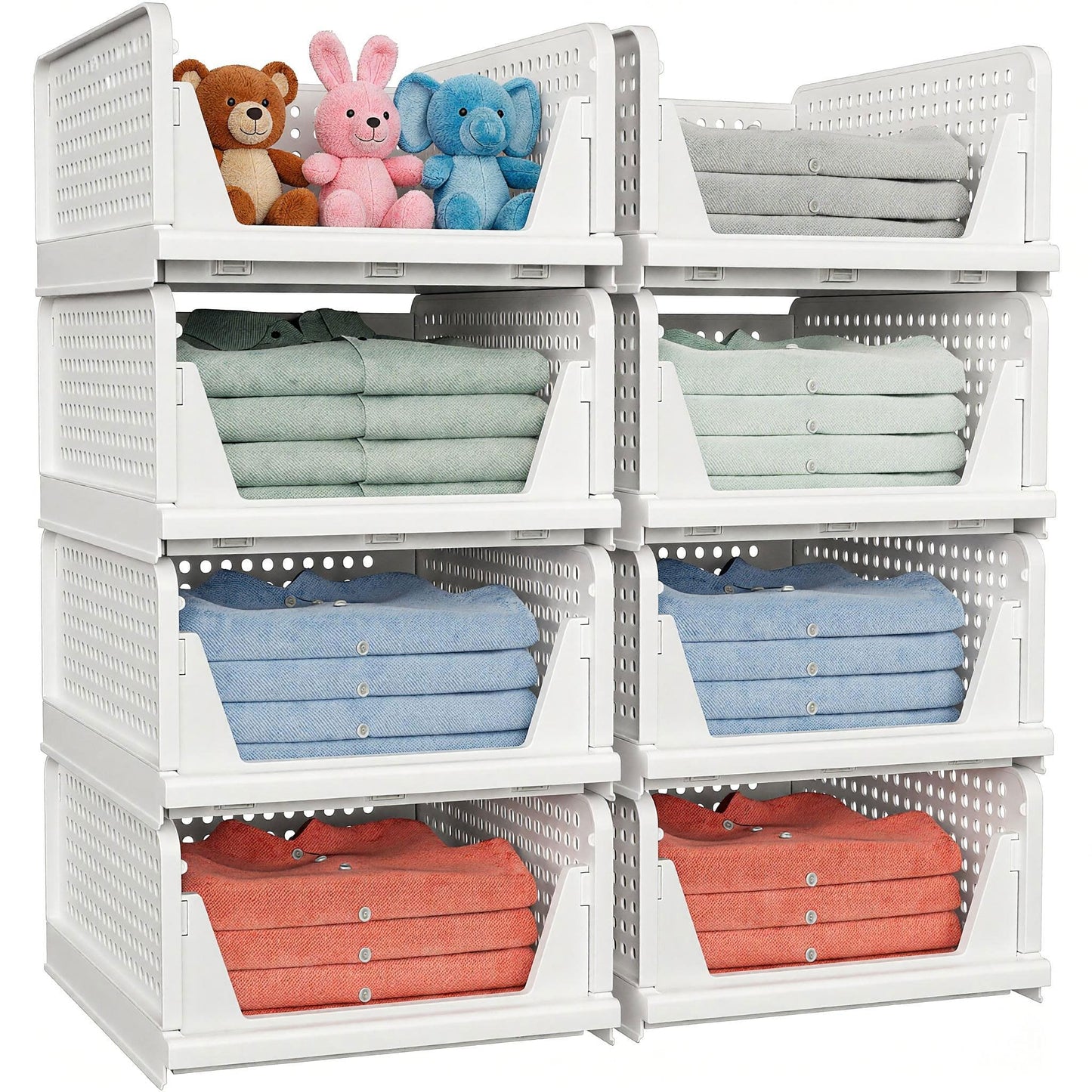 4 Pack Stackable Closet Storage Basket - Stackable Storage Bins, Multifunctional & Foldable Closet Organizer Divided, Wardrobe Cupboard Space-Saving Clothes Storage Hat Organizer, White