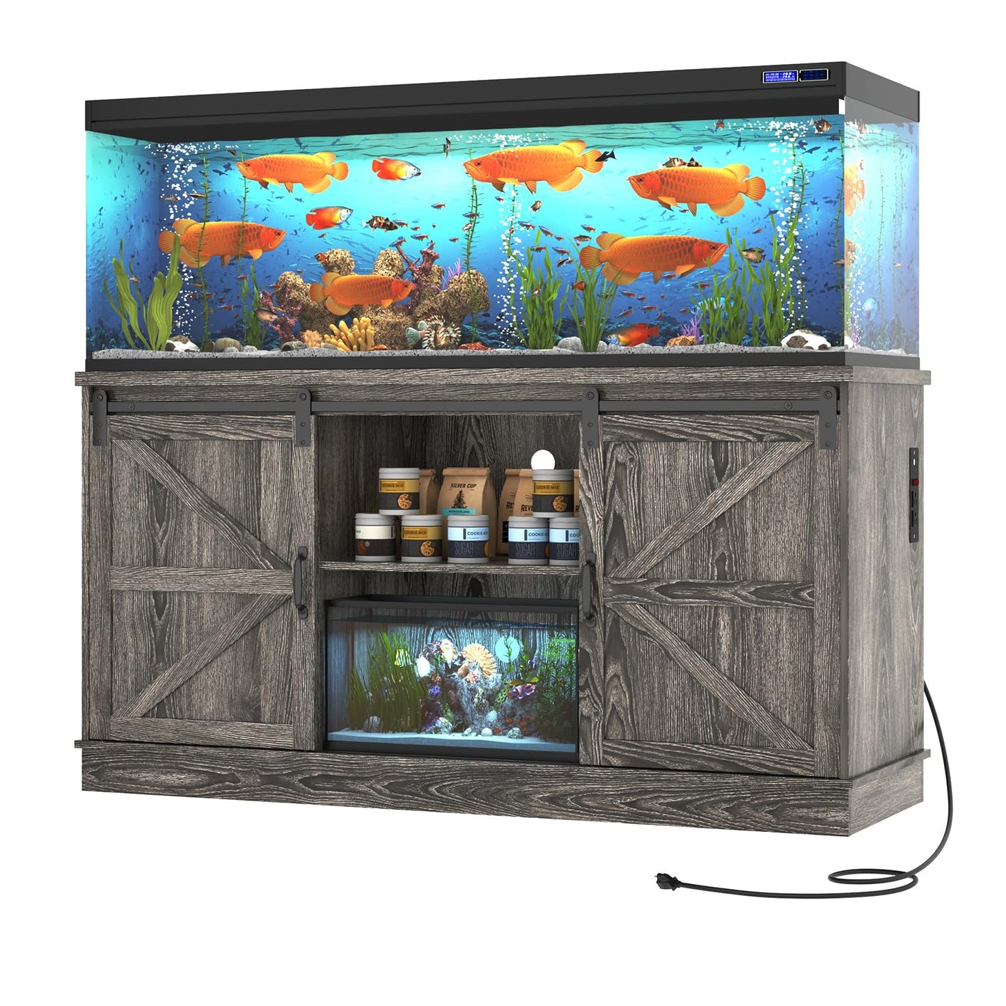 Hlivelood Farmhouse 75-120 Gallon Fish Tank Stand with Power Outlet, Aquarium Stand w/Cabinet&Sliding Barn Door, Heavy Duty Reptile Tank Stand for Fish/Turtle/Reptile Terrarium, 1000LB Capacity, Grey