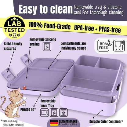 BEARFOOT Kids Lunch Box with Compartments – Compact & Lightweight | Leak-Proof, BPA-Free, Dishwasher Safe | Hand-Drawn Design for Preschool, School, Travel (BubbleTea Purple, 4 Cups)
