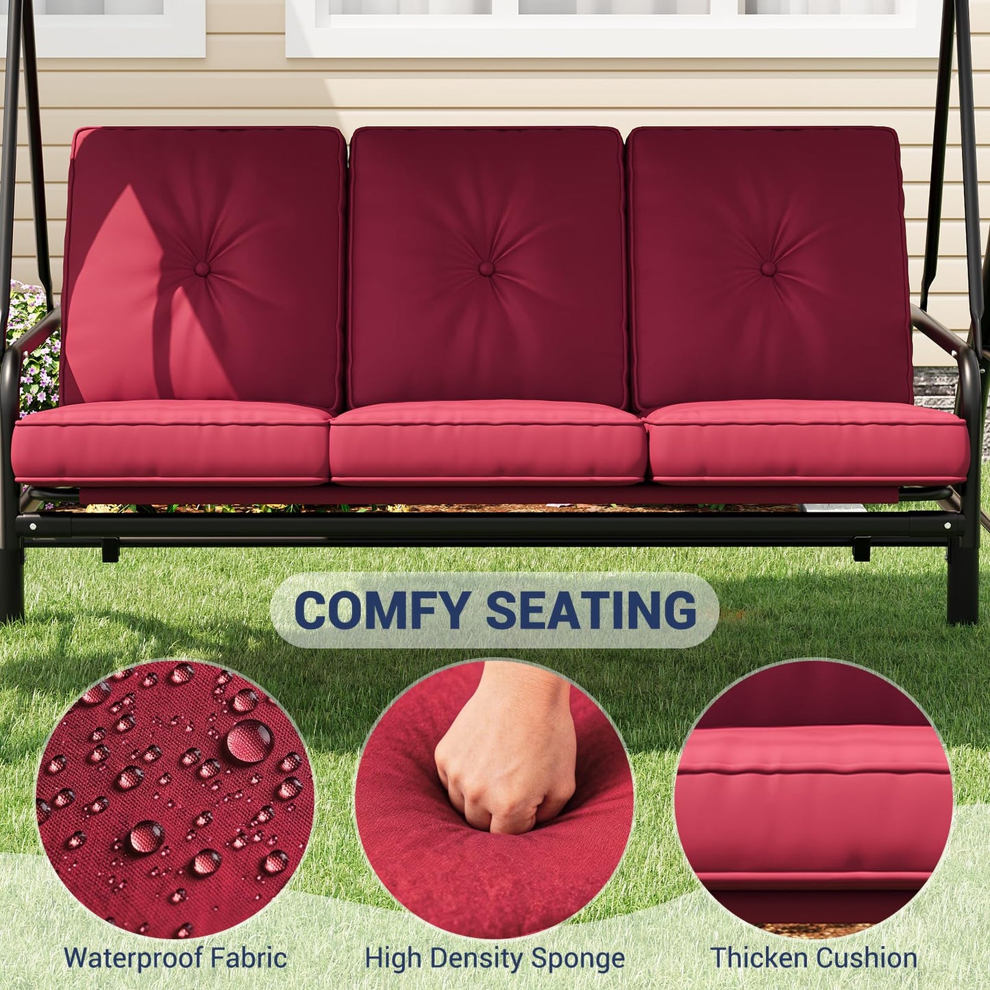 GarveeLife 3-Seat Outdoor Porch Swing with Adjustable Canopy, Convertible Patio Swing Bed with Stand, Thick Cushions & Cup Holders, Weather-Resistant for Backyard, Garden, Porch - Red